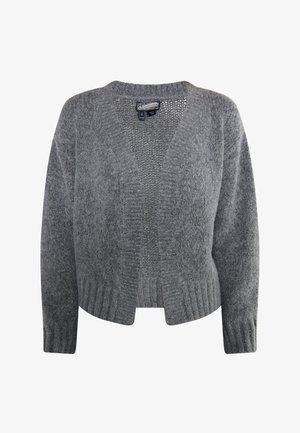 Pilkos megztos švarkas su V formos iškirpte, atviru priekiu ir raštuotomis rankovėmis. Medžiaga turi švelnų, šiek tiek pūkuotą tekstūrą su oro pralaidumu.