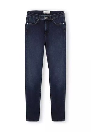 Ciemnoniebieskie dżinsy typu skinny. Posiadają pięć kieszeni, zamek błyskawiczny oraz minimalne detale w szwach. Gładka faktura na całej powierzchni.