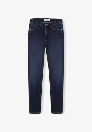 Ciemnoniebieskie dżinsy typu skinny. Posiadają pięć kieszeni, zamek błyskawiczny oraz minimalne detale w szwach. Gładka faktura na całej powierzchni.