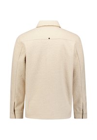 Beige fleecjacks met een kraag, lange mouwen, zijslitsen en een knoopdetail aan de achterkant. Zachte textuur en ontspannen pasvorm.