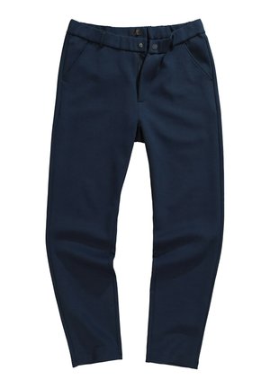 Pantalones ajustados en color azul marino, confeccionados con una tela suave, que cuentan con bolsillos laterales, cierre de cremallera y botón.