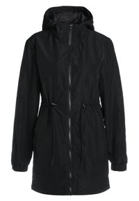 Imperméable noir à capuche avec fermeture éclair à l'avant, cordons de serrage réglables à la taille, poignets froncés et longueur mi-cuisse.