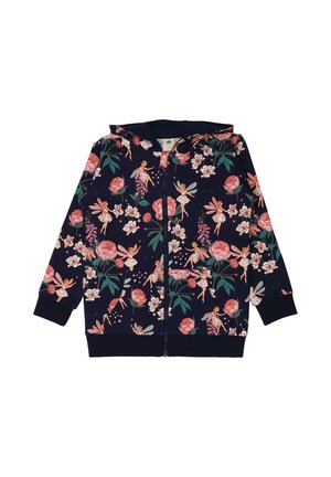 Marineblaue Kapuzenjacke mit Reißverschluss, pinkem und weißem Blumen- und Feenmotiv, vorderen Taschen sowie gerippten Bündchen und Saum.