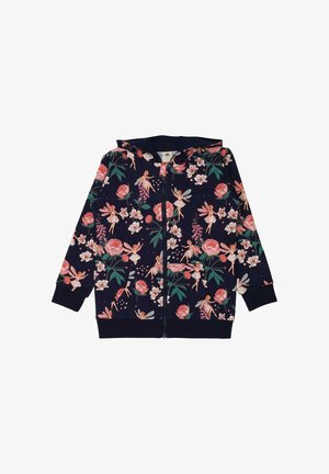 Navy blue zip-up hoodie with pink and white floral and fairy print, front pockets, and ribbed cuffs and hem.