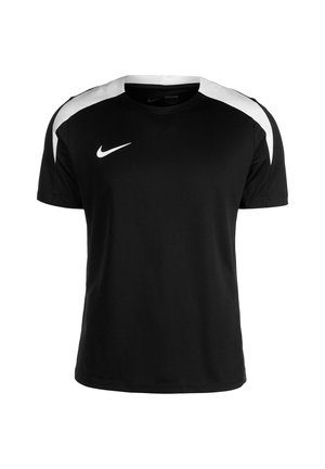 Camiseta deportiva negra de manga corta con paneles blancos en los hombros y un logo Nike swoosh blanco en el pecho derecho.