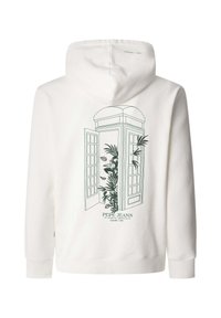 Sudadera blanca con un gráfico verde de una puerta abierta rodeada de plantas, con el texto "PEPE JEANS" en la parte inferior. Textura suave, diseño casual.