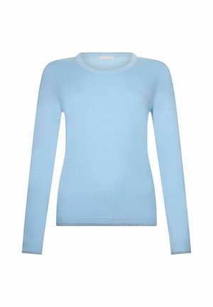Jasnoniebieski sweter z długim rękawem i okrągłym dekoltem, z prążkowanymi mankietami i dołem, prezentowany na białym tle.
