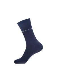 Chaussettes bleu marine avec une finition texturée et un revers côtelé, présentant un logo imprimé en texte blanc sur le côté.