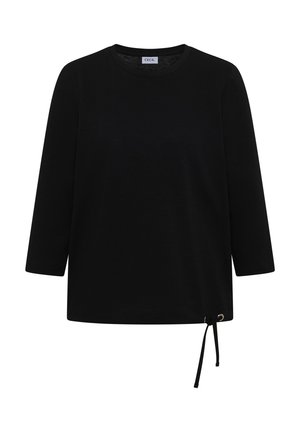 Zwart shirt met lange mouwen, ronde hals en trekkoorddetail aan de zoom, label binnen in de kraag met de tekst "Cecil".