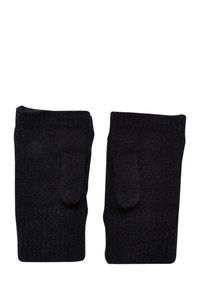 Gants sans doigts en tricot noir avec un poignet côtelé, présentant une texture unie et des accents au niveau du pouce pour une prise en main facile.