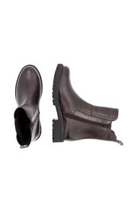 Brown leather ankle boots with a side zipper, textured surface, round toe, and rugged black rubber sole.