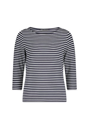 Granatowo-biała bluzka z długim rękawem w paski, z dekoltem w łódkę. Wykonana z miękkiego, elastycznego materiału. Posiada rękawy trzy czwarte i luźny krój.