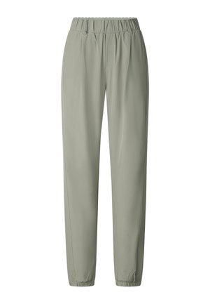 Light gray casual elastic-waist pants with belt loops, side pockets, and elastic cuffs.