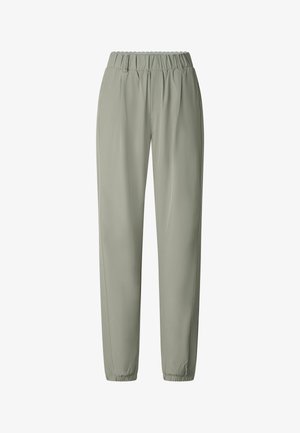 Light gray casual elastic-waist pants with belt loops, side pockets, and elastic cuffs.