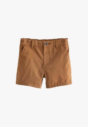 Shorts marroni per bambino piccolo con passanti per cintura, chiusura frontale con bottoni e tasche laterali su sfondo bianco.