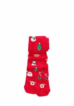 Rote Baumwollsocken mit festlichen Mustern: Schneemänner, Weihnachtsbäume, Weihnachtsmann, Rentiere und Zuckerstangen in grünen und weißen Akzenten.