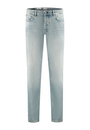 Jeans slim fit color azzurro chiaro sbiadito con bottoni frontali, cerniera, passanti per cintura e design a cinque tasche.