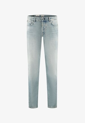 Lyseblåslidte slim-fit jeans med knapper foran, lynlås, bæltestropper og fem-lomme-design.