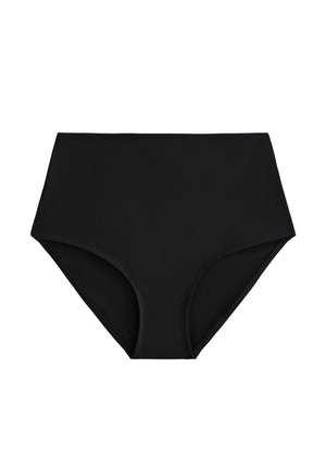 Schwarzer Bikini-Hüftslip mit hoher Taille, klaren Linien und moderater Beindeckung, dargestellt auf weißem Hintergrund.