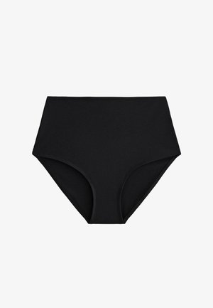Sort bikinitrusse med høj talje, rene linjer og moderat benafdækning, vist på en hvid baggrund.