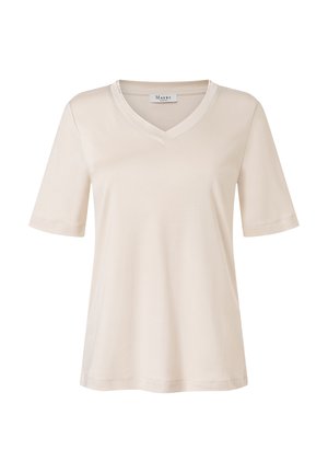 Beiges T-Shirt mit kurzen Ärmeln und V-Ausschnitt aus glattem Stoff mit einem kleinen Markenlabel innen im Kragen.
