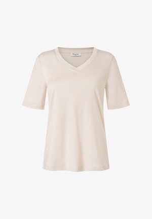 Beiges T-Shirt mit kurzen Ärmeln und V-Ausschnitt aus glattem Stoff mit einem kleinen Markenlabel innen im Kragen.