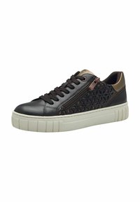 Sneaker in pelle nera con un motivo a ritaglio testurizzato, dettagli in bronzo, punta tonda e suola bianca spessa con dettagli rigati.
