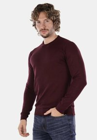 Maglione a maniche lunghe color mogano con un design aderente, caratterizzato da un collo rotondo e polsini a coste, abbinato a jeans in denim blu.