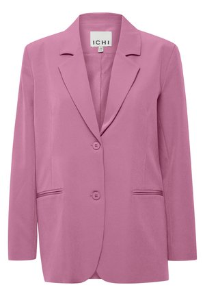 Pink blazer with a notched collar, two buttons, and side pockets. Smooth fabric and tailored shape with long sleeves. Brand label visible.