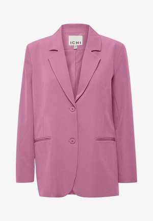 Rosa Blazer mit Reverskragen, zwei Knöpfen und Seitentaschen. Glattes Material und taillierte Form mit langen Ärmeln. Markenlabel sichtbar.