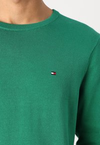 Gros plan d'un pull vert à col rond avec un petit logo drapeau Tommy Hilfiger sur le côté gauche de la poitrine.