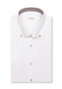 Chemise blanche à manches courtes avec boutons, col boutonné, boutons beiges, col intérieur à motifs et poche poitrine avant.