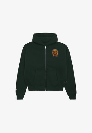 Dark green zip-up hoodie made of soft fabric, featuring a front logo design and two large pockets. Includes a hood and ribbed cuffs.
