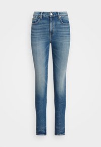 Blå denimjeans med hög midja, smal passform, blekt utseende, fem fickor och knappstängning. Tyget har en mjuk textur.