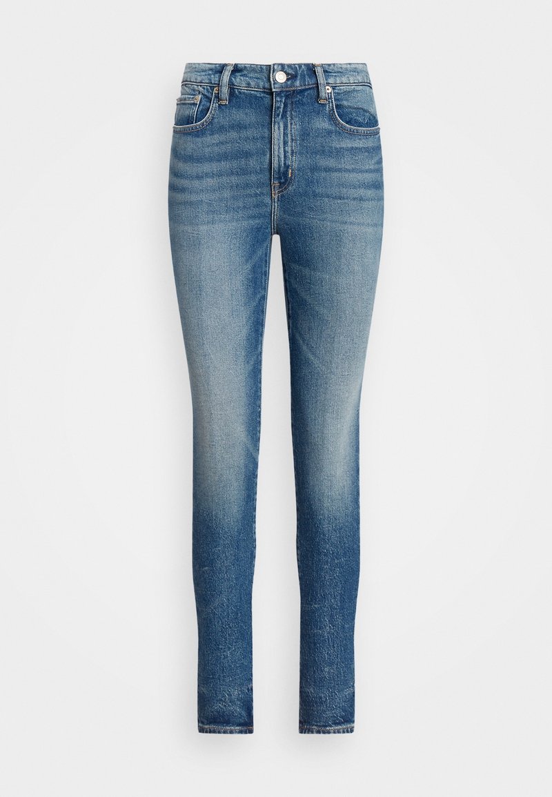 Blå denimjeans med hög midja, smal passform, blekt utseende, fem fickor och knappstängning. Tyget har en mjuk textur.