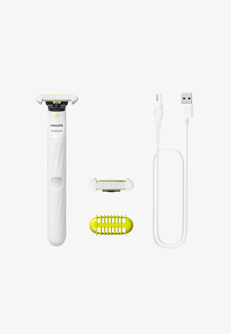 Rasoio elettrico Philips OneBlade bianco con accenti gialli, include due lame intercambiabili e un cavo di ricarica USB.