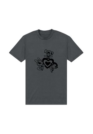 Czarny bawełniany t-shirt w ciemnoszarym kolorze z czarną grafiką przedstawiającą trzy postaci z kreskówek trzymające serce. Krótkie rękawy i okrągły dekolt.