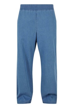 Lys blå denimbukser med elastisk talje, afslappet pasform og tapered ben, med enkel syning uden yderligere detaljer.