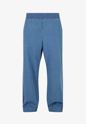 Pantaloni din denim de culoare bleu deschis, cu talie elastică, croială lejeră și picioare înguste, având o cusătură simplă, fără detalii suplimentare.