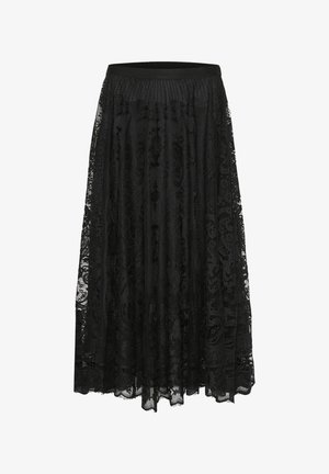 Black lace skirt with intricate floral patterns, gathered waist, and flowing design. Features a smooth waistband and layered texture.