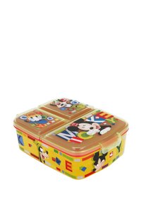 Plastik-Lunchbox mit gelbem Boden, unterteilt in drei Bereiche, mit animierten Charakteren und bunten geometrischen Mustern. Klarer Deckel.