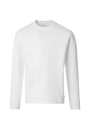 Hvid langærmet t-shirt med rund hals og ensfarvet design, lavet af glat stof, vist på en hvid baggrund.