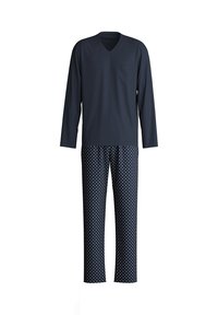 Herren-Pyjama-Set bestehend aus einem kurzärmeligen navy-blauen Oberteil mit einer Tasche und einer langen Hose mit einem gemusterten Design aus weißen Punkten auf navy-blauem Hintergrund.