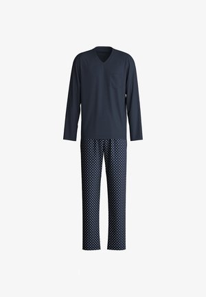 Heren pyjama set met een korte mouw navy top met een zak en lange broek met een patroon van witte stippen op een navy achtergrond.