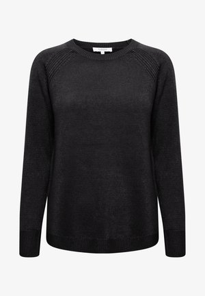 Suéter negro de punto con mangas largas, cuello redondo, puños acanalados y dobladillo recto. Textura suave con un ligero acanalado en los hombros.