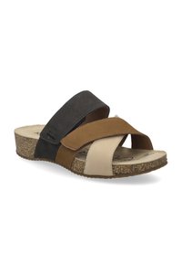 Brown, black, and beige cross-strap sandal with a cork sole, featuring a textured footbed and a low wedge design for comfort.