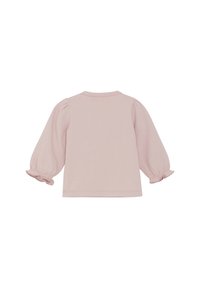Helles rosa Langarmoberteil mit Puffärmeln und gerafften Bündchen, runder Halsgestaltung und weichem Baumwollmaterial.