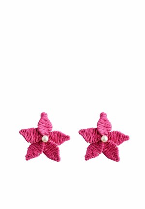 Two pink star-shaped earrings made of wrapped material with a white pearl center on a white background.