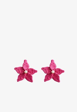 Two pink star-shaped earrings made of wrapped material with a white pearl center on a white background.
