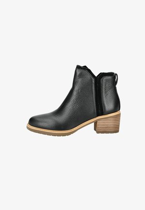 Black ankle boot made from textured leather, featuring a block heel with a wood-like design and elastic side panels for easy wear.